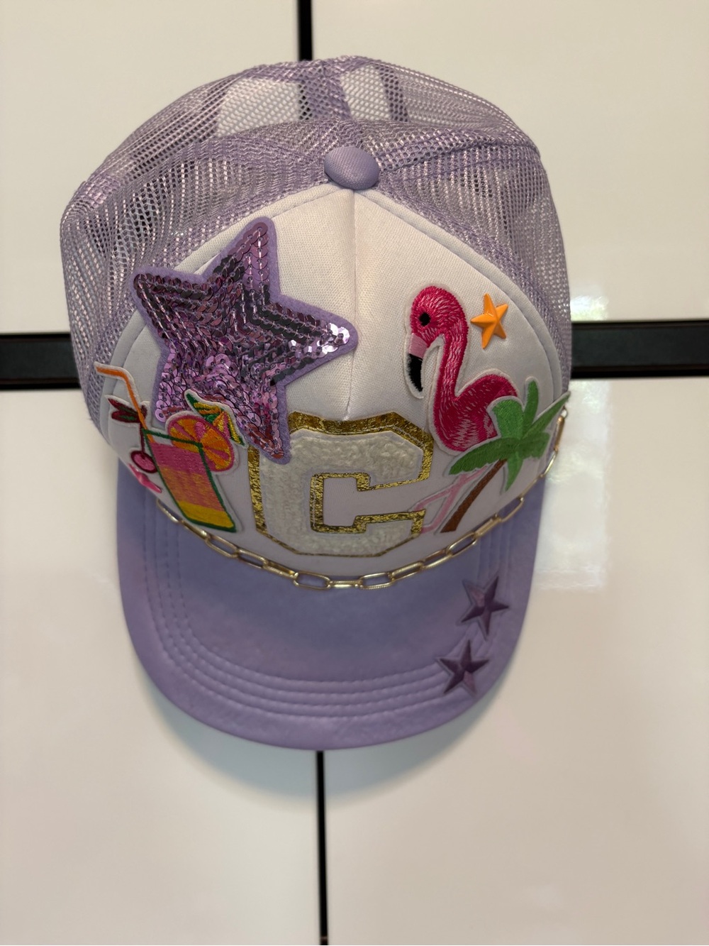 Queen of ✨ Sparkles 💖 looking C letter ballcap with 🦩 cocktail 🍹 and 🌟